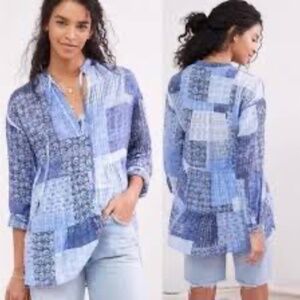 Anthropologie Pilcro and the Letterpress Blue Pattern Blouse Size Large